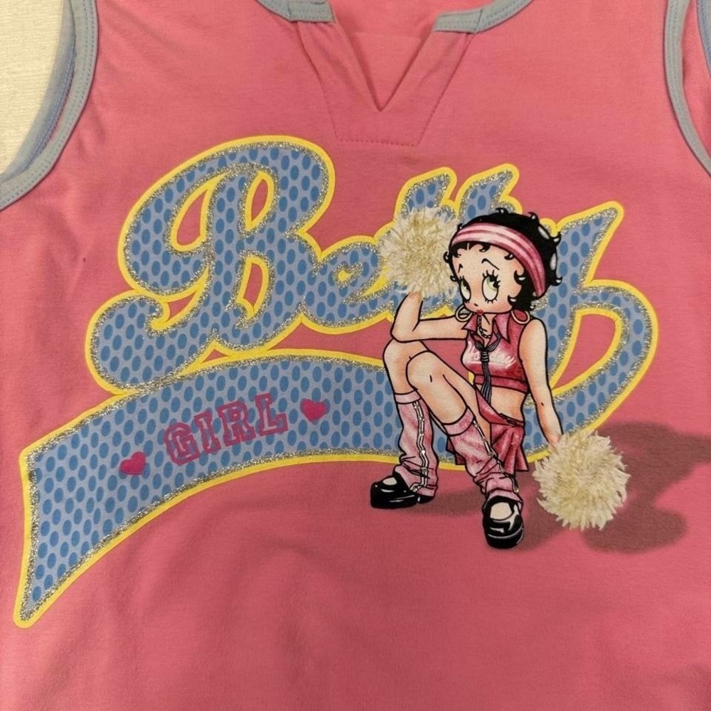 Y2K Betty Boop Cheerleader Tank Pink Ruched McBling Top Womens S sporty workout - Picture 3 of 8